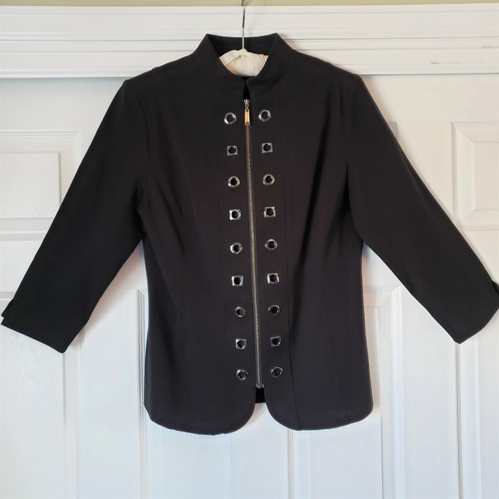 Misook Small Black Stretch Zip Front 3/4 Sleeves Jacket Grommet Detail, NWT